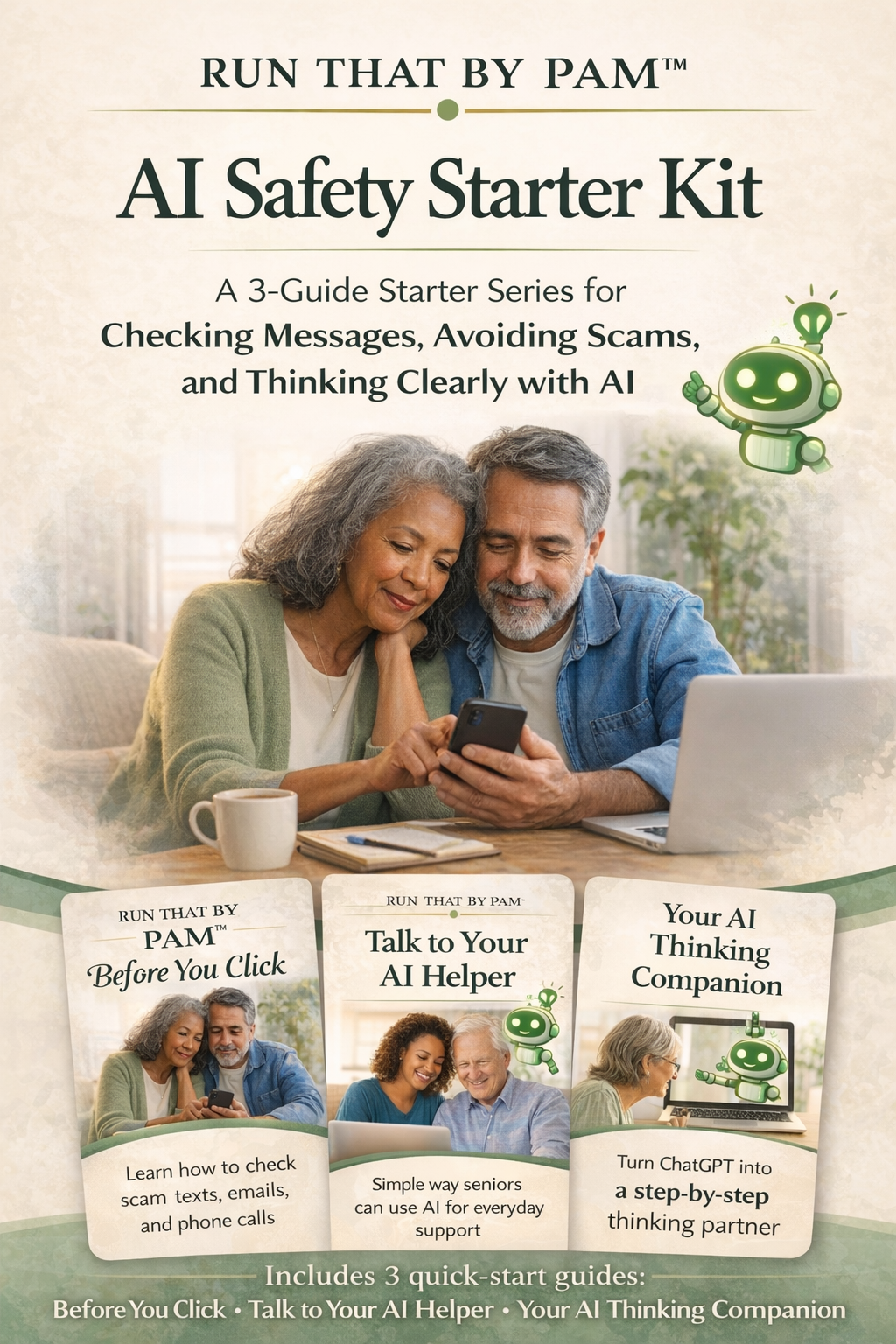 Run That by Pam™ AI Safety Starter Kit A 3-Guide Starter Series for Checking Messages, Avoiding Scams, and Thinking Clearly with AI